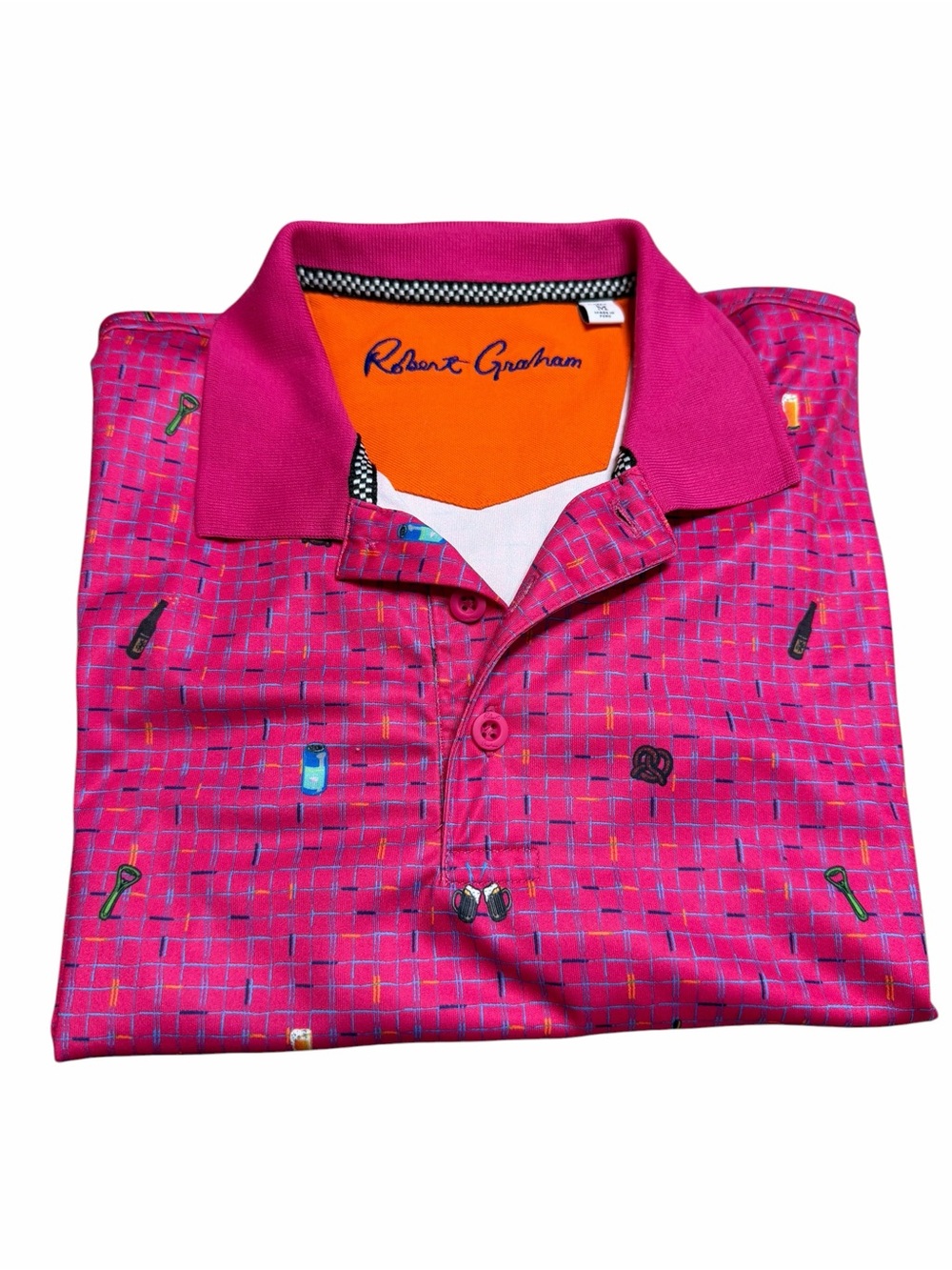 Robert Graham Men's Classic Fit Pink Oktoberfest Beer Pretzel Polo | Size Medium